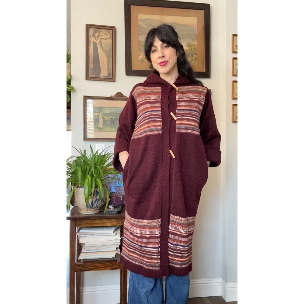 Vintage 70s Long Hooded Cardigan Sweater Burgundy Striped Toggle Knit Duster